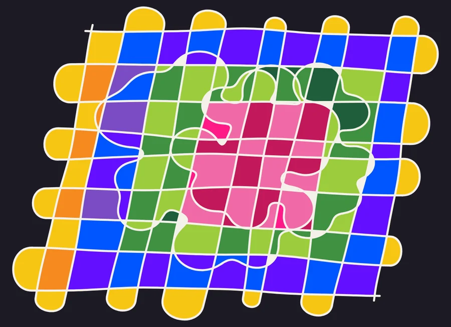A colored Licorice page on dark paper with white lines: yellow and blue edges around green and pink blob shapes