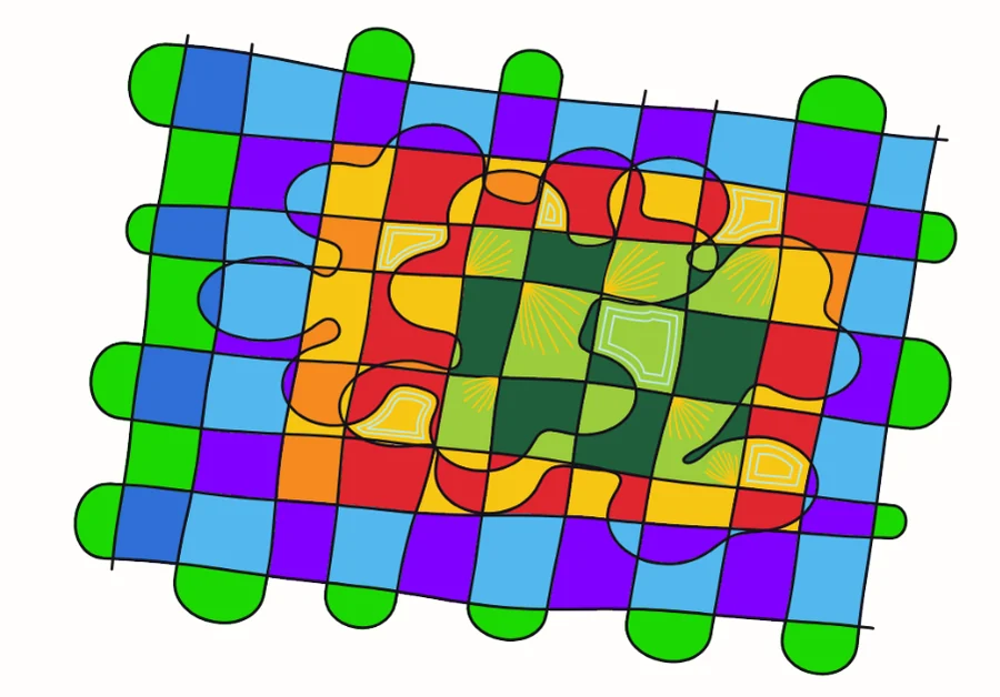 A colored Licorice page on light paper: a wavy grid with blob shapes, filled in blues, purples, greens, reds and yellows, with a few decorated fields